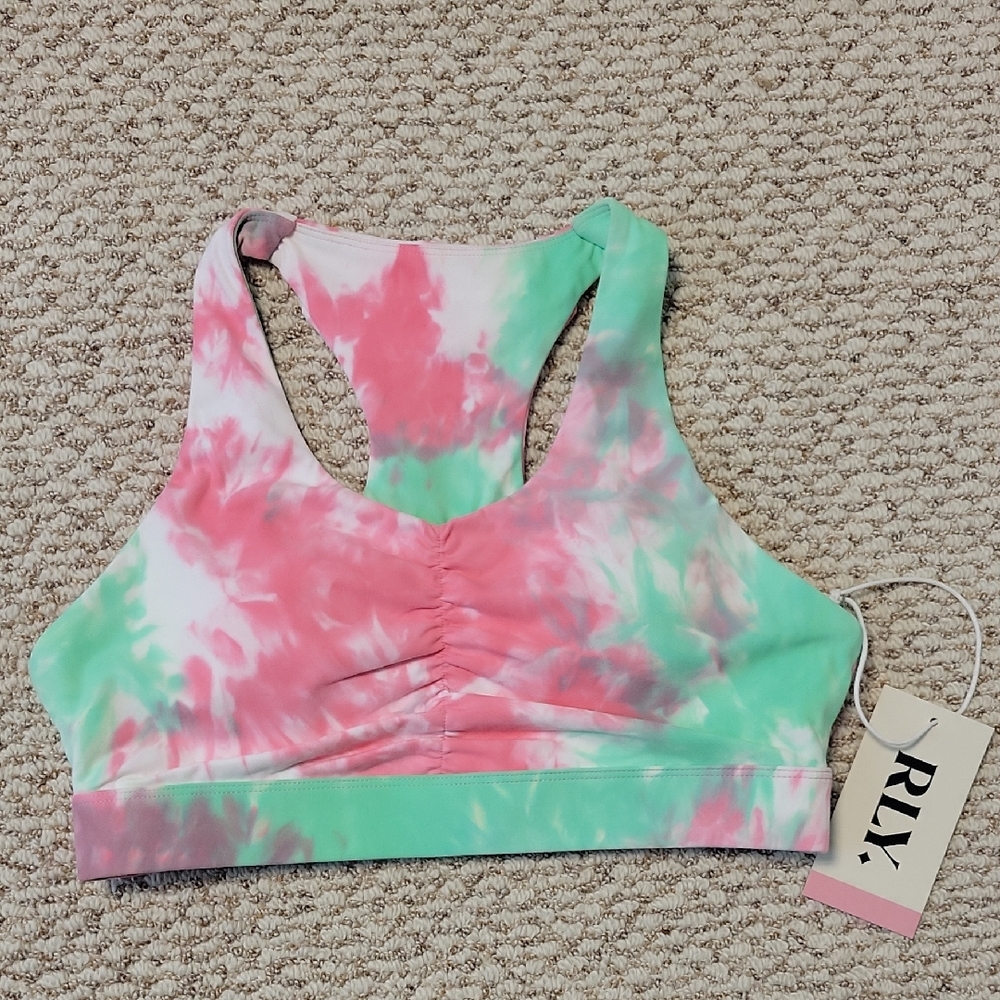 RLY Active Brooklyn Pocket Sports Bra. Size Medium. Pink and Green Tye Dye